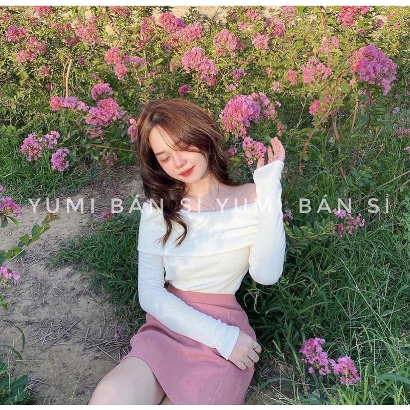 Áo Trễ Vai Tay Dài Len Tăm Co Giãn YUMI BÁN SỈ [ Ảnh thật ở cuối ]