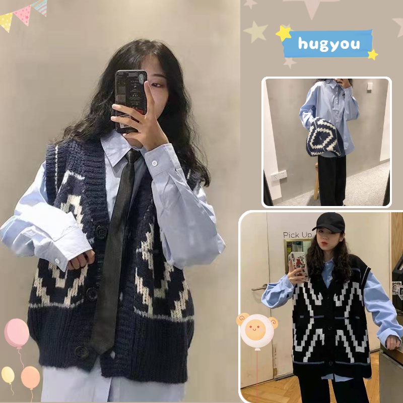 Set Áo Sơ Mi Tay Dài + Áo Khoác Len Không Tay Cổ Chữ V Thời Trang Cho Nữ