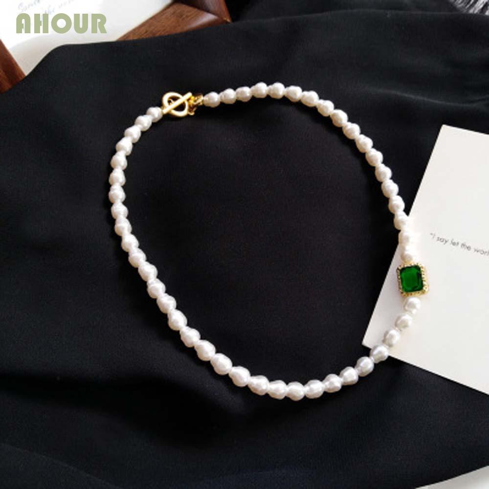 Vòng cổ Choker dây xích mặt thủy tinh xanh lá cây thanh lịch ngọt ngào thời trang cho nữ