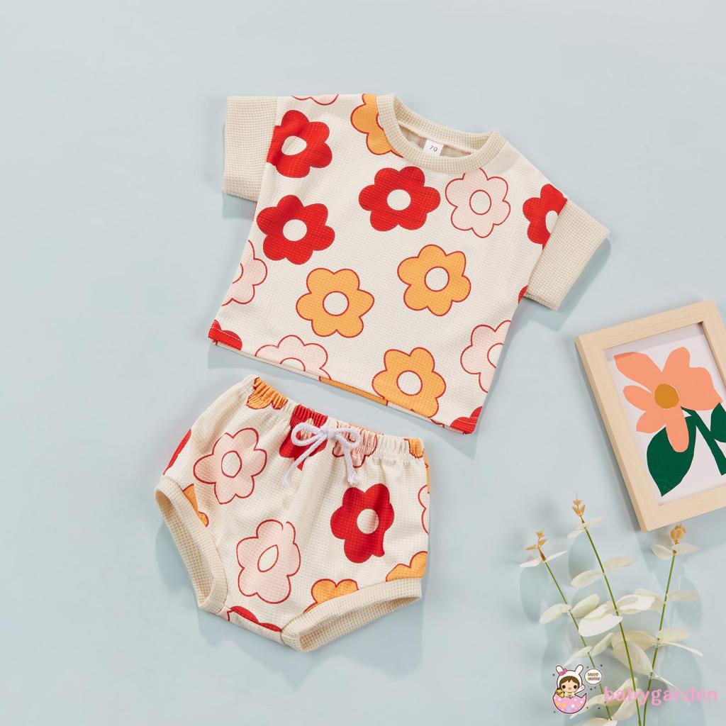 Set Áo Thun Ngắn Tay Cổ Tròn In Hoa + Quần Short Lưng Thun Thời Trang Mùa Hè Cho Bé Gái 0-24 Tháng Tuổi