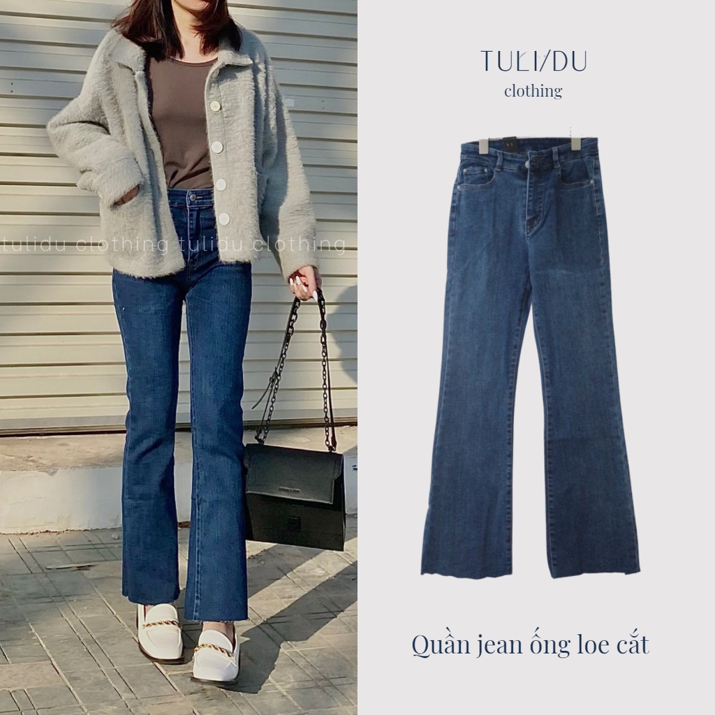 Quần Jean Ống Loe Flared Jean Lưng Cao Màu Xanh Gấu Cắt Co Giãn TULIDU Quần Bò Ống Loe  #T83