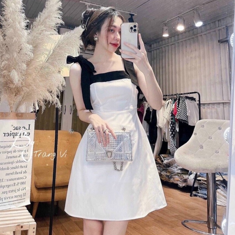 Đầm suông nữ trễ vai nhúng bèo cột nơ vai tay dài có mút ngực chất đũi freesize 55kg xinh xắn, trẻ trung L755