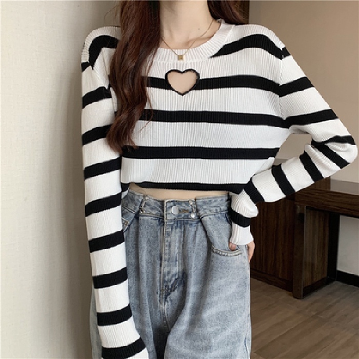 Áo kiểu ZHELIHANGFEI dệt kim tay dài ôm vừa vặn họa tiết kẻ sọc ngang thời trang