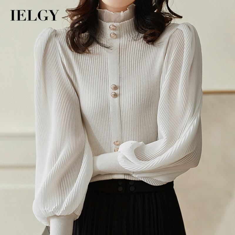 IELGY  Áo sweater Dệt Kim Cổ Lọ Tay Phồng Thời Trang Cho Nữ