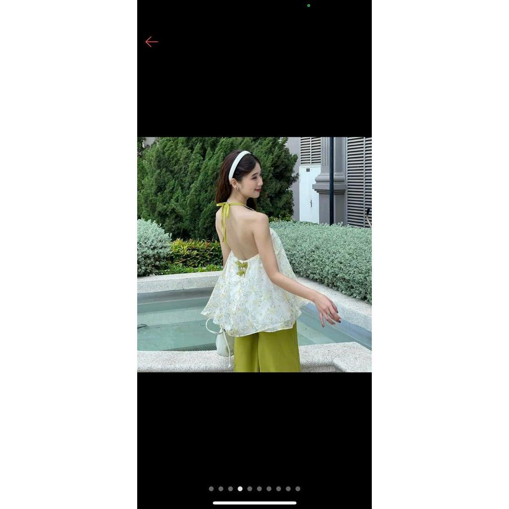 Set bộ nữ chất voan in họa tiết xinh xắn áo cổ yếm xòe hở lưng quyến rũ kèm quần suông dài siêu xinh