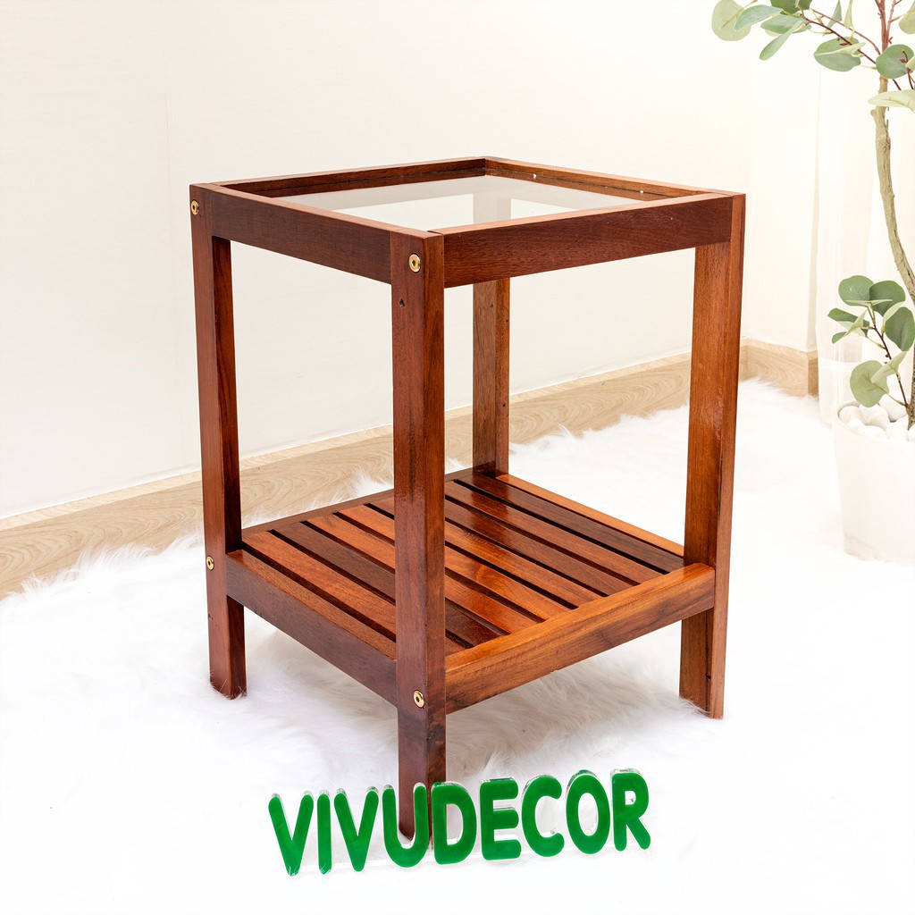 Kệ đầu giường Vivudecor 100% gỗ tự nhiên, Kệ gỗ 2 tầng lắp ráp đa năng sang trọng chất lượng Xuất Khẩu