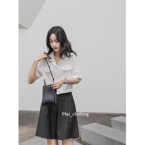 [Ảnh thật/video] Áo sơmi croptop Hàn Quốc/ áo sơ mi cổ vest túi hộp | BigBuy360 - bigbuy360.vn