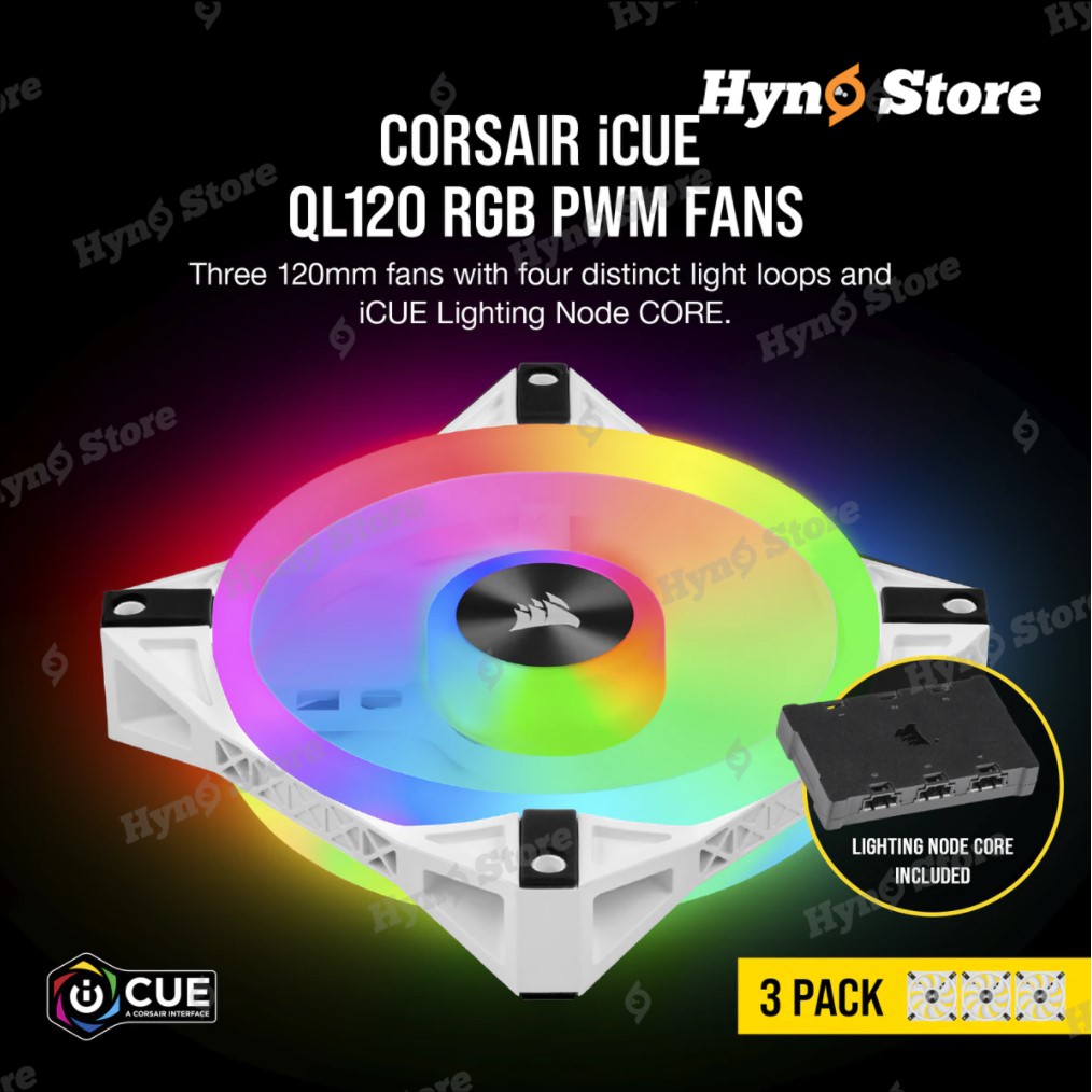 Kit 3 fan Corsair QL120 ARGB WHITE kèm Node core Tản nhiệt nước custom Hyno Store
