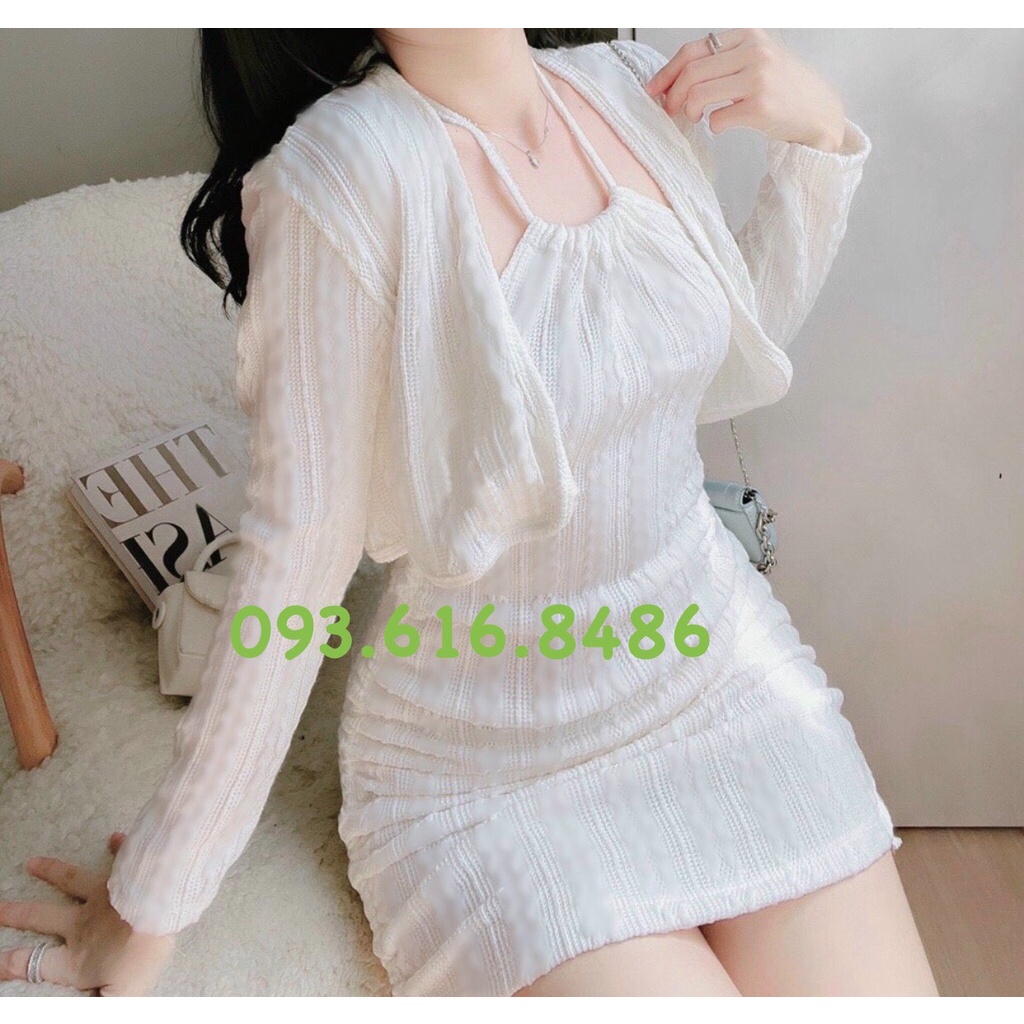 Set đầm kèm áo khoác siêu hack dáng vải len QC, váy body cổ yếm kèm áo cadigan | BigBuy360 - bigbuy360.vn