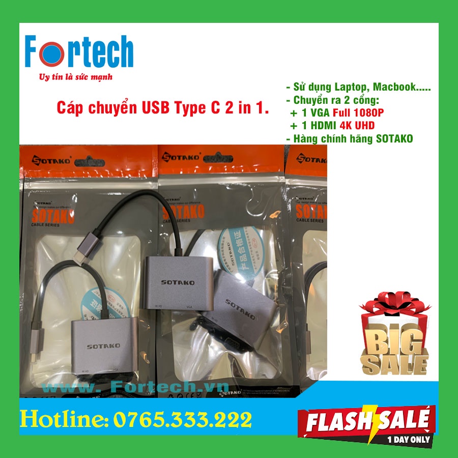 Cáp chuyển đổi Type C sang VGA, HDMI 4K SOTAKO chính hãng