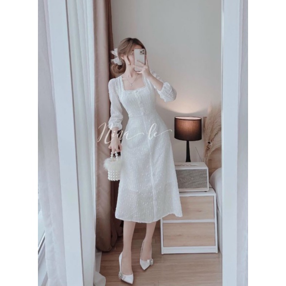 Đầm Cổ Vuông ❤️FREESHIP❤️ Tay Phồng Dài Cổ Viền Ren Phối Nút Kiểu Sang Chảnh