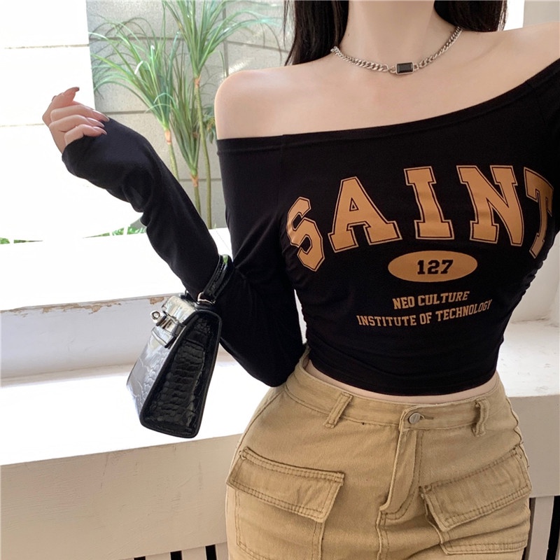 Áo Thun Tay Dài Trễ Vai In Chữ Thời Trang Dành Cho Nữ