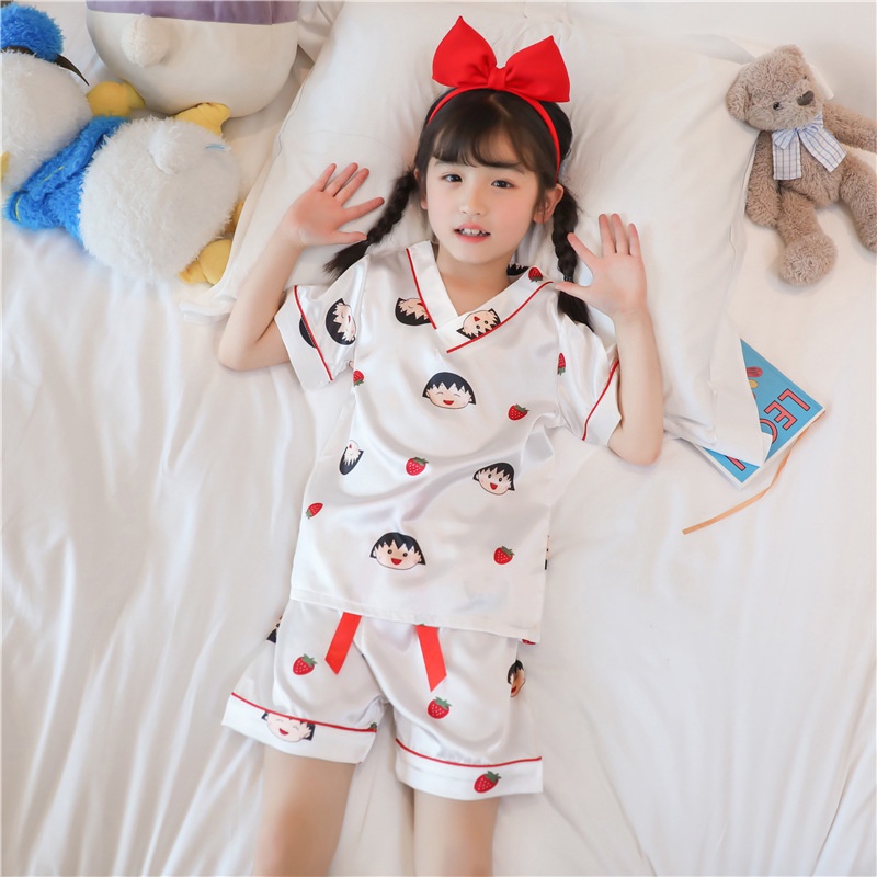 Bộ Đồ Ngủ Pijama Bằng Lụa Satin Nhẹ In Họa Tiết Hoạt Hình Phong Cách Hàn Quốc Cho Bé