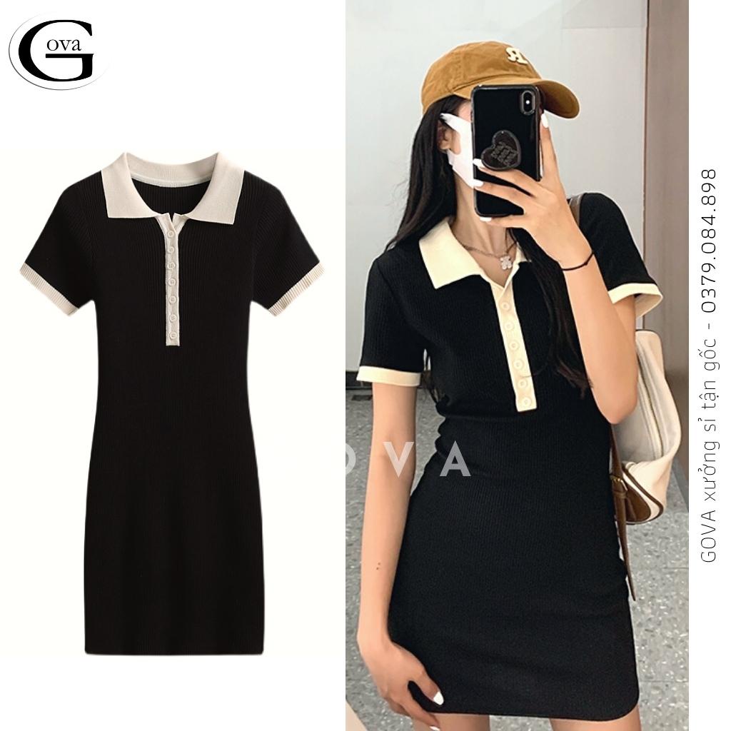 Đầm Váy Body CỔ POLO Phối Be Nữ Kiểu Tay Ngắn Dáng Ôm BodyTôn Dáng Đẹp GOVA