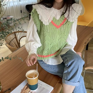 Set áo sơ mi cổ ren hot trend + áo gile len ulzzang Hàn Quốc [Yannie]