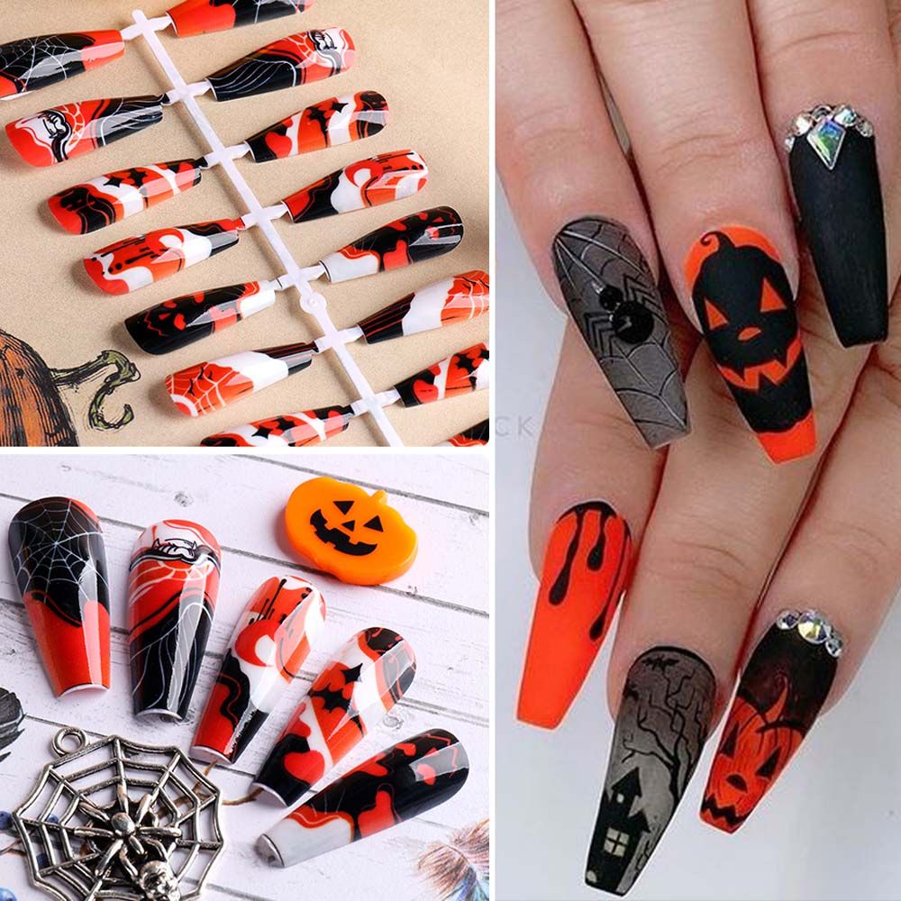 Bộ móng tay giả tự làm họa tiết chủ đề halloween hình bí ngô / nhện / quan tài che phủ toàn bộ móng thật