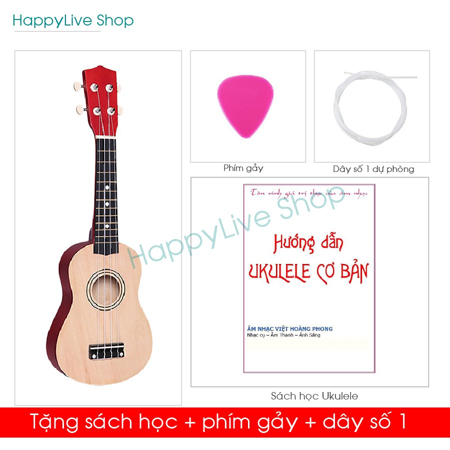 Đàn Ukulele Soprano GỖ (cần gỗ) + Tài liệu học, phím gảy, dây dự phòng