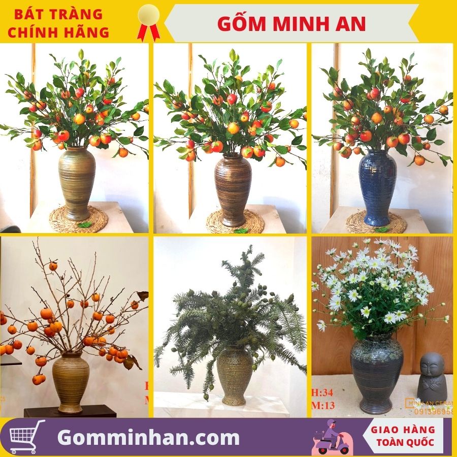 Bình hoa lọ hoa dáng cao dáng đùi dế thích hợp cắm hoa Ly, hoa lay ơn, loa kèn, gốm Minh An Bát tràng cao 37cm