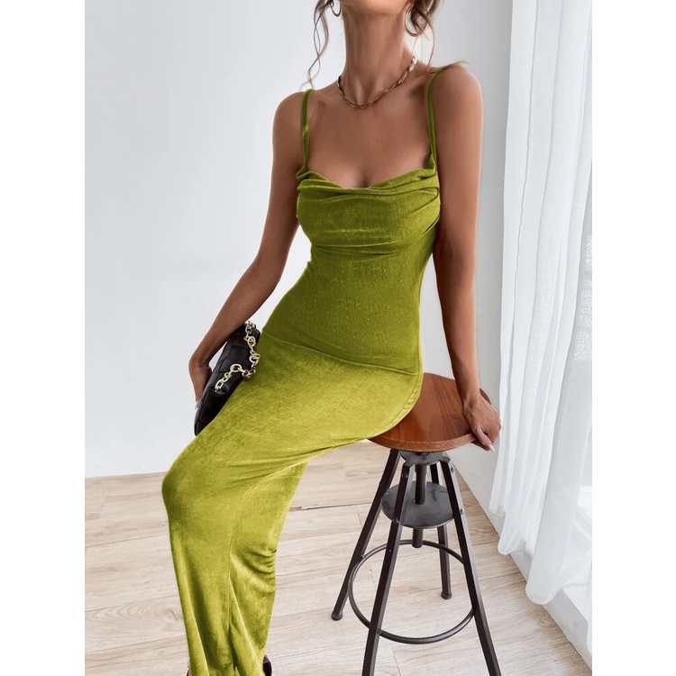 Đầm dây maxi body ôm CHRISTIANO SIRIANO thun nhũ ánh kim xanh lá cổ đổ hở lưng cột dây