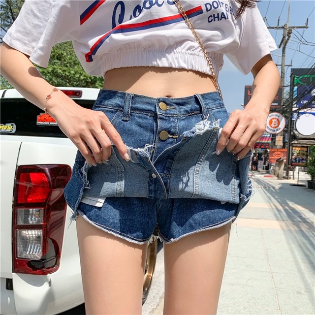 (Order) có bigsize Quần giả váy jeans gấu tua rua lệch phối cúc dọc 2019