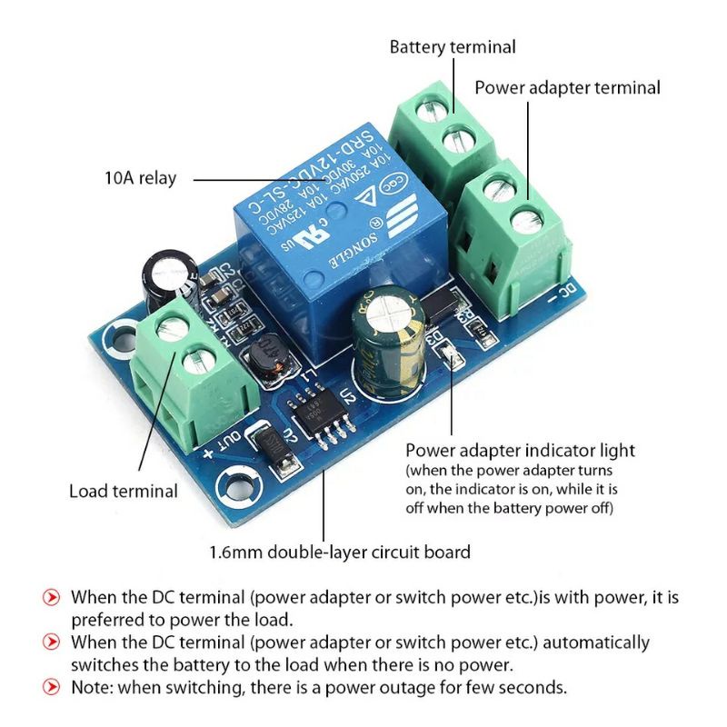 Module Mạch Chuyển Nguồn Tự Động UPS  5V/12V - 48VDC 10A chuyển nguồn dự phòng cho Camera, Wifi khi cúp điện...