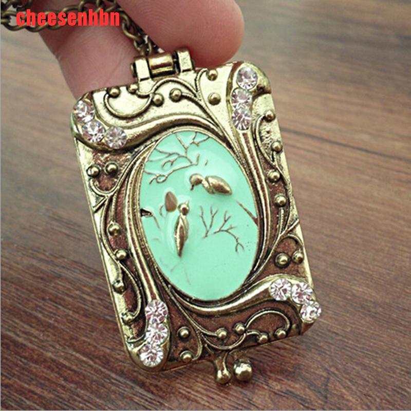 [cheesenhbn]Vintage Retro Copper Flower Rhinestone Bird Locket Pendant Necklace Long Chain