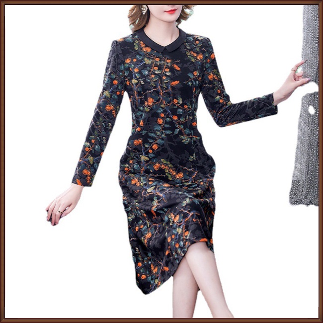 Đầm Chữ A Tay Dài Cổ Chữ V Họa Tiết Hoa Phong Cách Dân Tộc Cổ Điển Dành Cho Nữ