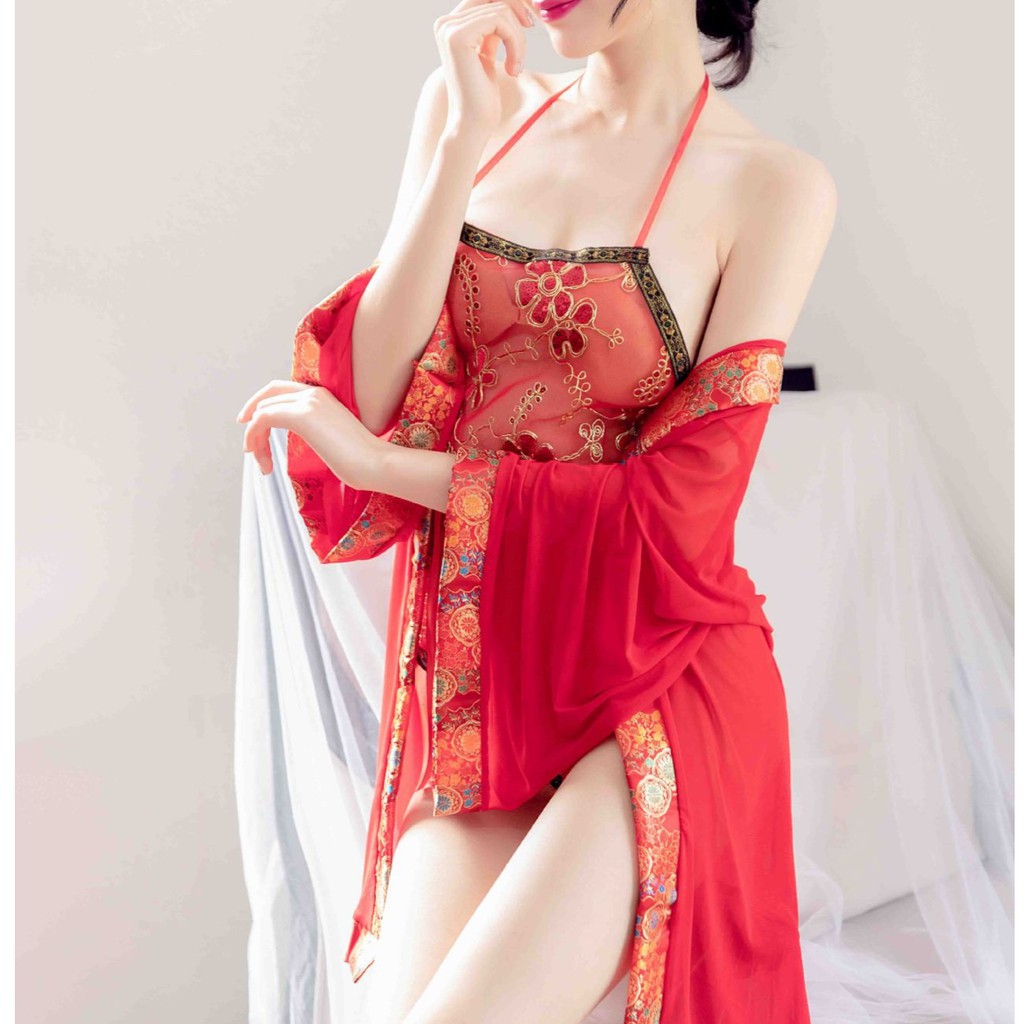Set Váy Ngủ Ren Lưới Cosplay Cô Gái Trung Hoa Yếm Đỏ Kèm Áo Choàng Ren Lưới Quyến Rũ | BigBuy360 - bigbuy360.vn