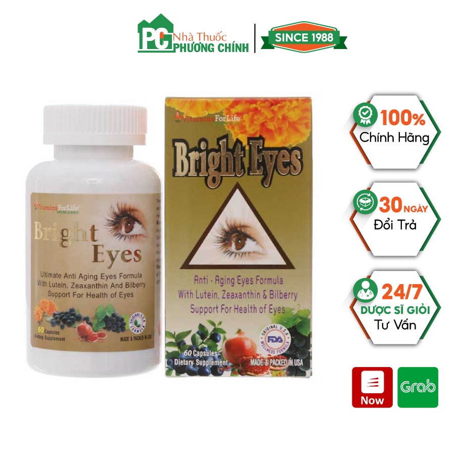 Viên Uống Bổ Mắt, Sáng Mắt Bright Eyes Vitamins For Life Giúp Giảm Mỏi Mắt, Khô Mắt,Suy Giảm Thị Lực Hộp 60 Viê