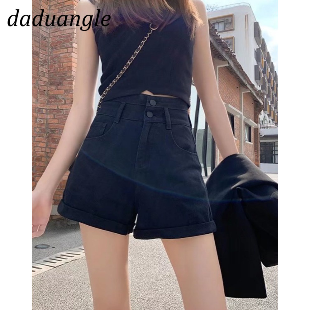 Quần short denim DADUHEY màu trơn ống suông rộng lưng cao thời trang mùa hè mới 2022 dành cho nữ