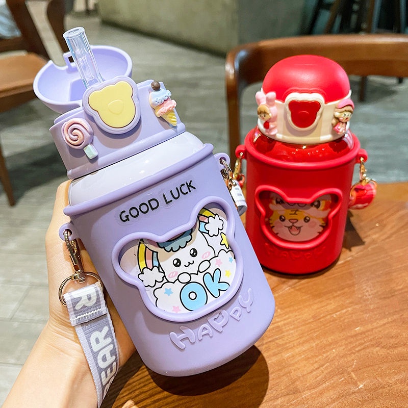 Bình Nước Bằng Thép Không Gỉ 316 Kèm Ống Hút Dễ Thương Tiện Dụng Cho Bé