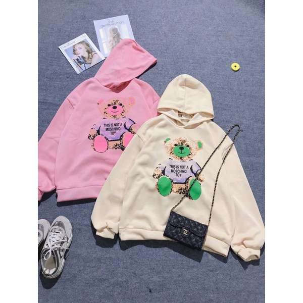 Áo Hoodie Hình Gấu Chất Nỉ Cotton, Form Áo Rộng Unisex Tay Bồng Hot Trends ( Kèm Ảnh Thật)