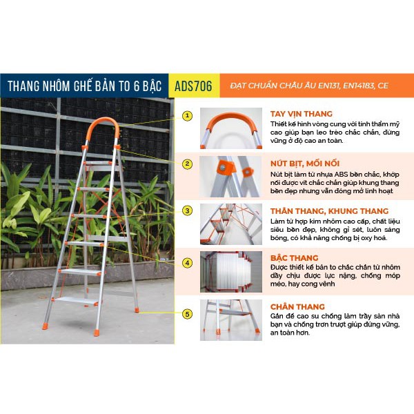 Thang nhôm ghế bản to 6 bậc ADVINDEQ ADS-706