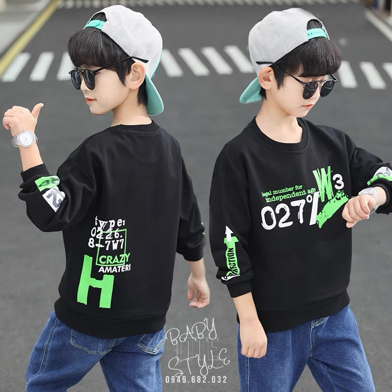 Áo sweater nỉ cổ tròn dài tay &quot;027 W3&quot; 14-45kg cho bé trai 4-15 tuổi. Vải da cá dày dặn. Thoải mái. B42