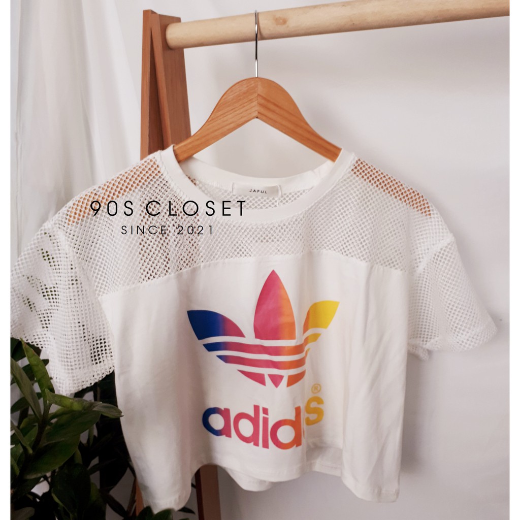 [Ảnh tự chụp] Áo thun kiểu phối lưới in hình adidas cầu vồng - áo thun croptop