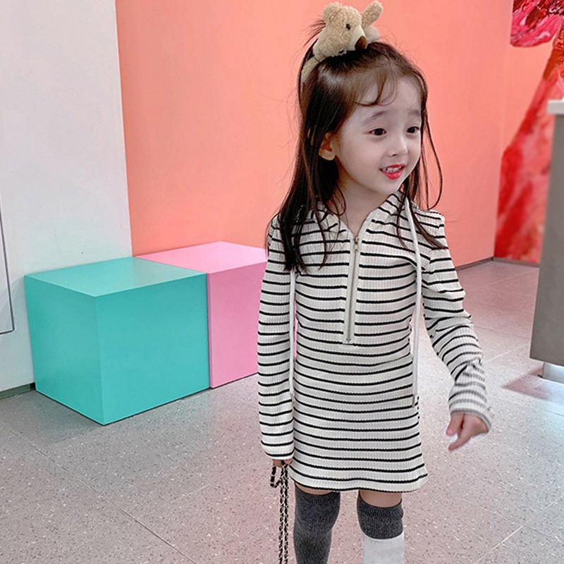 Đầm Thun Ôm Dáng Có Mũ Trùm Và Khóa Kéo Họa Tiết Kẻ Sọc Đơn Giản Phong Cách Phương Tây Cho Bé Gái