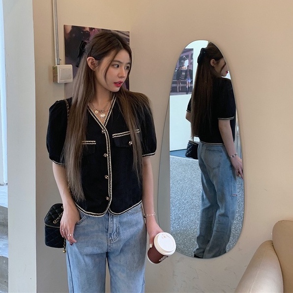 Áo dệt kim ZHELIHANGFEI tay ngắn cổ chữ V thời trang xinh xắn cho nữ