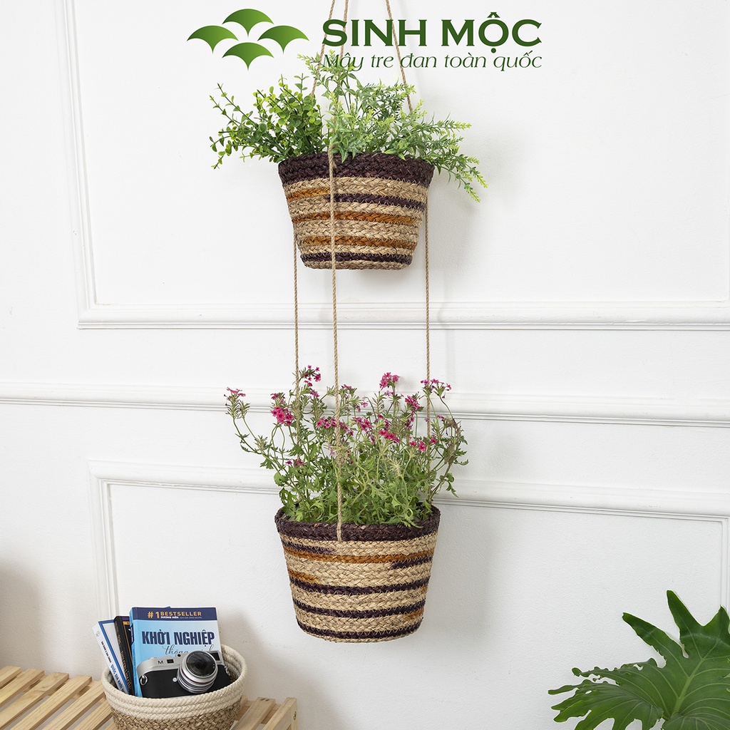 Chậu trồng cây hai tầng, giỏ hoa treo tường, giỏ cói decor, chậu cây trang trí Sinh Mộc - M1014