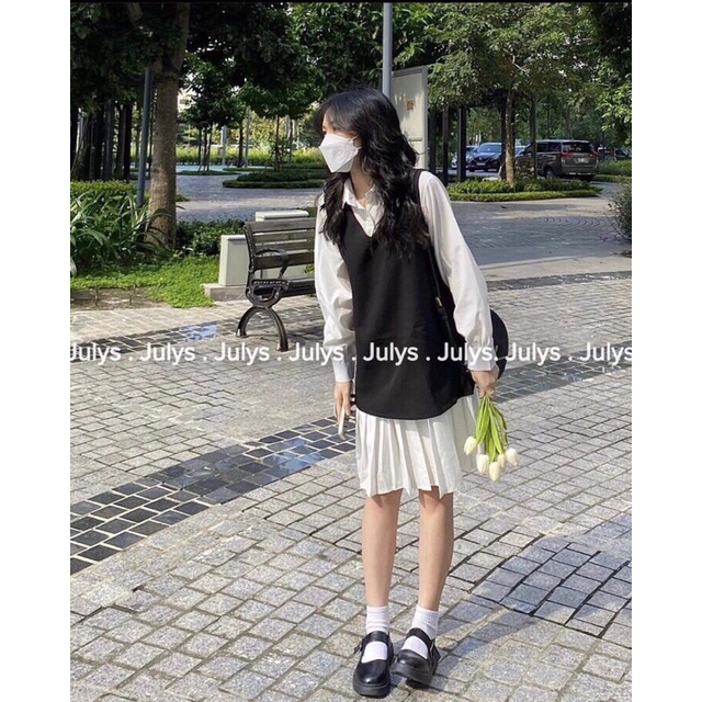 Bộ áo ghile đen kèm váy babydoll dài tay dễ thương , áo ghile kèm váy babydoll trắng dài tay