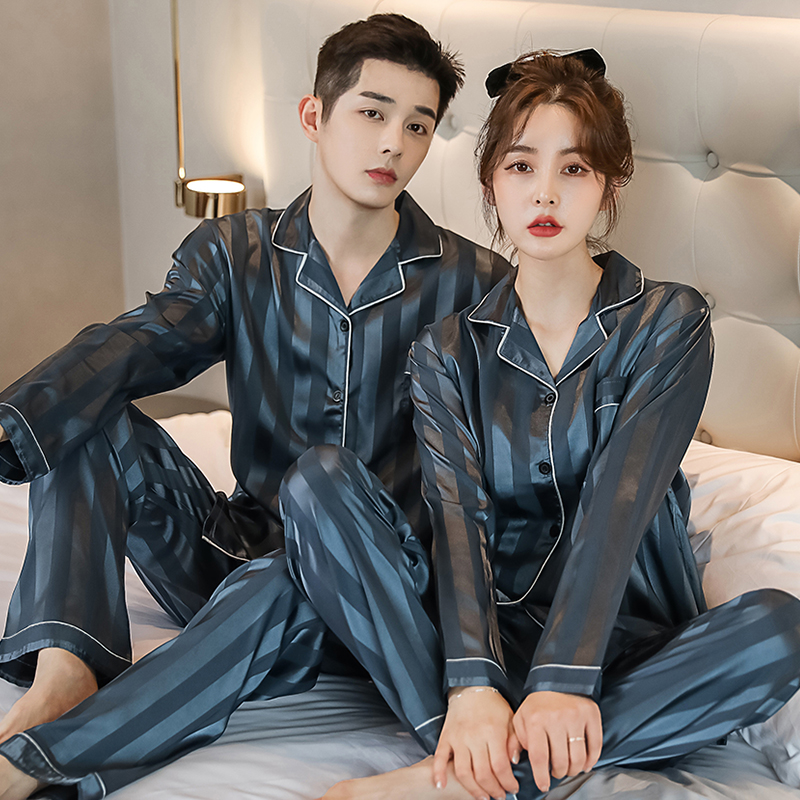 Bộ đồ ngủ 2 món dài tay in kẻ sọc phong cách mùa thu 2020 cho cặp đôi