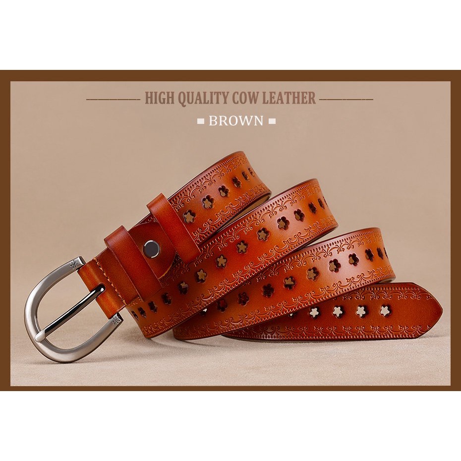 Thắt Lưng Da Bò 2.8Cm Có Khóa Họa Tiết Hoa Phong Cách Vintage Thời Trang Cho Nữ