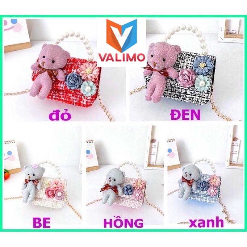 Túi đeo chéo dáng vuông size Lớn họa tiết HOA ĐÍNH GẤU hồng dễ thương thời trang cho bé gái