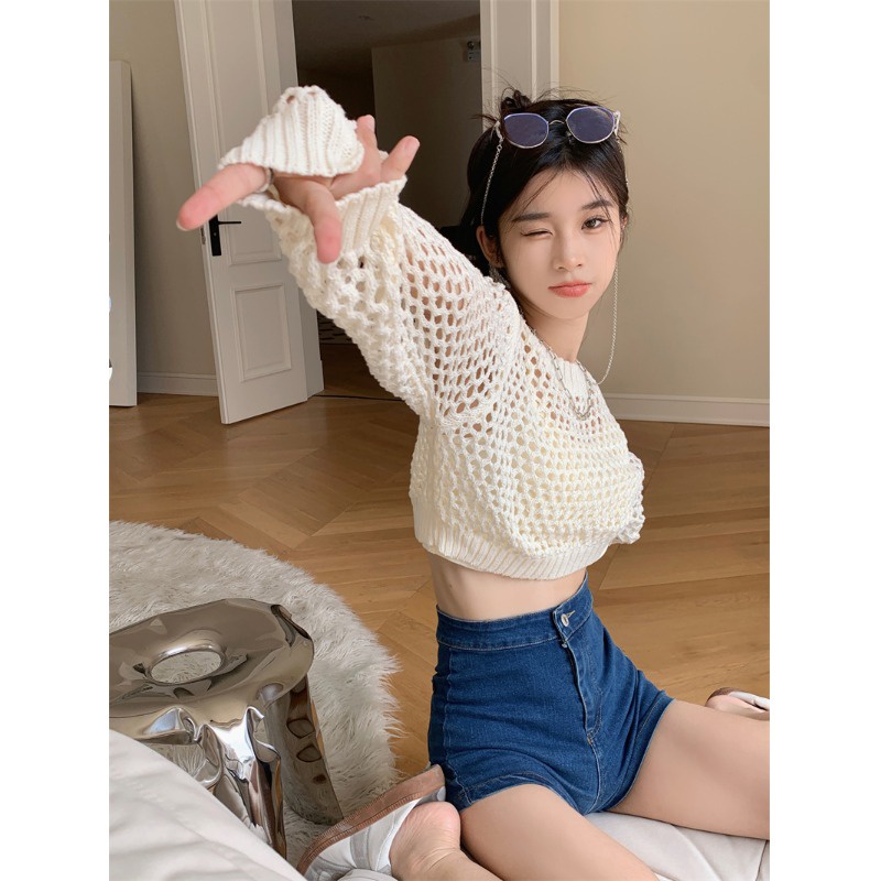 DUNEA Áo Croptop Dệt Kim Dáng Rộng Phong Cách Hàn Quốc Cổ Điển 4 Màu Sắc Lựa Chọn