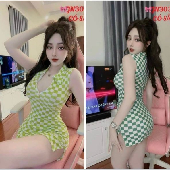 Đầm body cổ bẻ sát nách thun gân hoạ tiết kẻ ô caro nhí dây kéo cổ