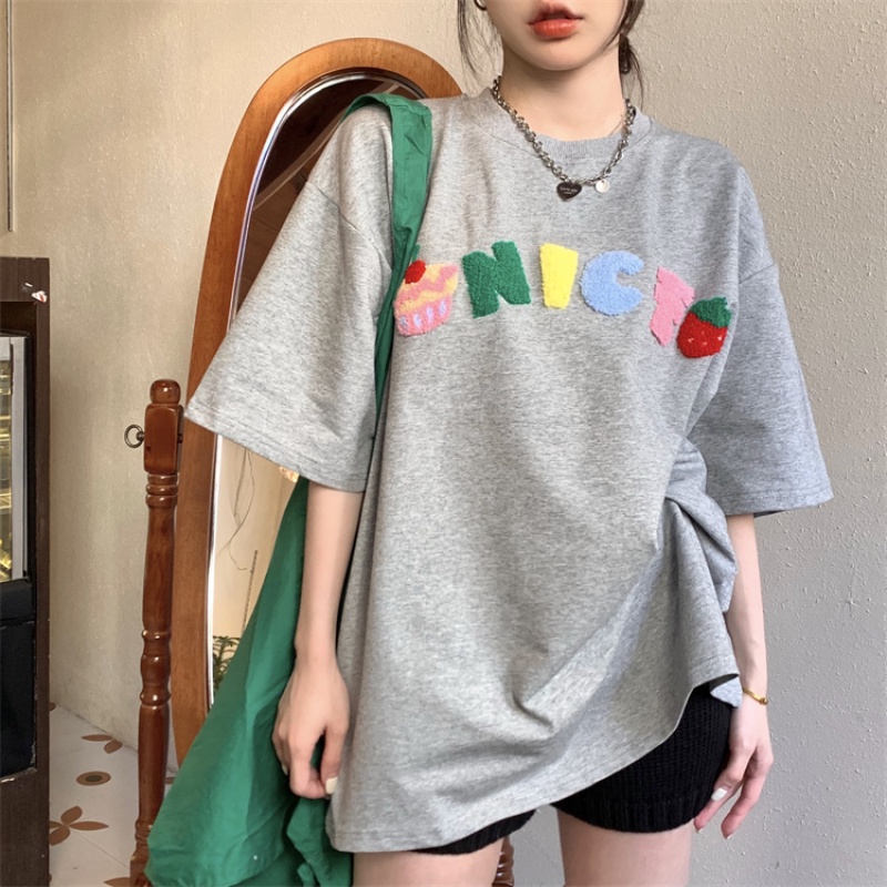 Áo Thun Tay Ngắn Cổ Tròn Dáng Rộng Thêu Chữ Thời Trang Trẻ Trung