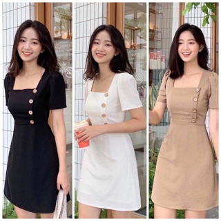 Đầm Cổ Vuông Nút Gỗ Lệch 4 Màu Rêu/kem/đen/trắng xt