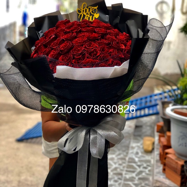 Hoa sáp hoa Hồng nhũ kim tuyến bó dài 60 bông, hình thật.