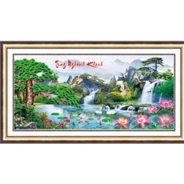 Tranh thêu chữ thập 5d phong cảnh tùng nghênh khách kt 115*57cm