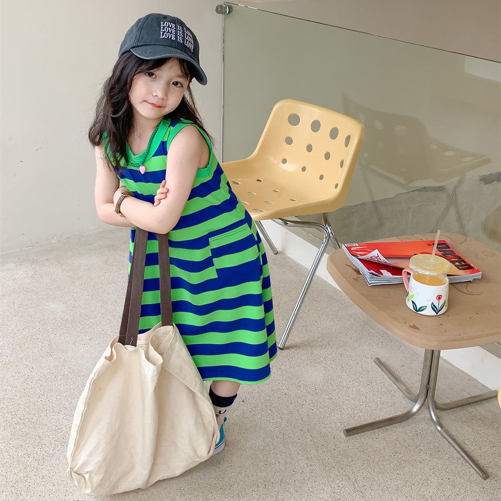 Đầm Dài Không Tay 5 Màu Tương Phản Thời Trang Mùa Hè Cho Bé Gái