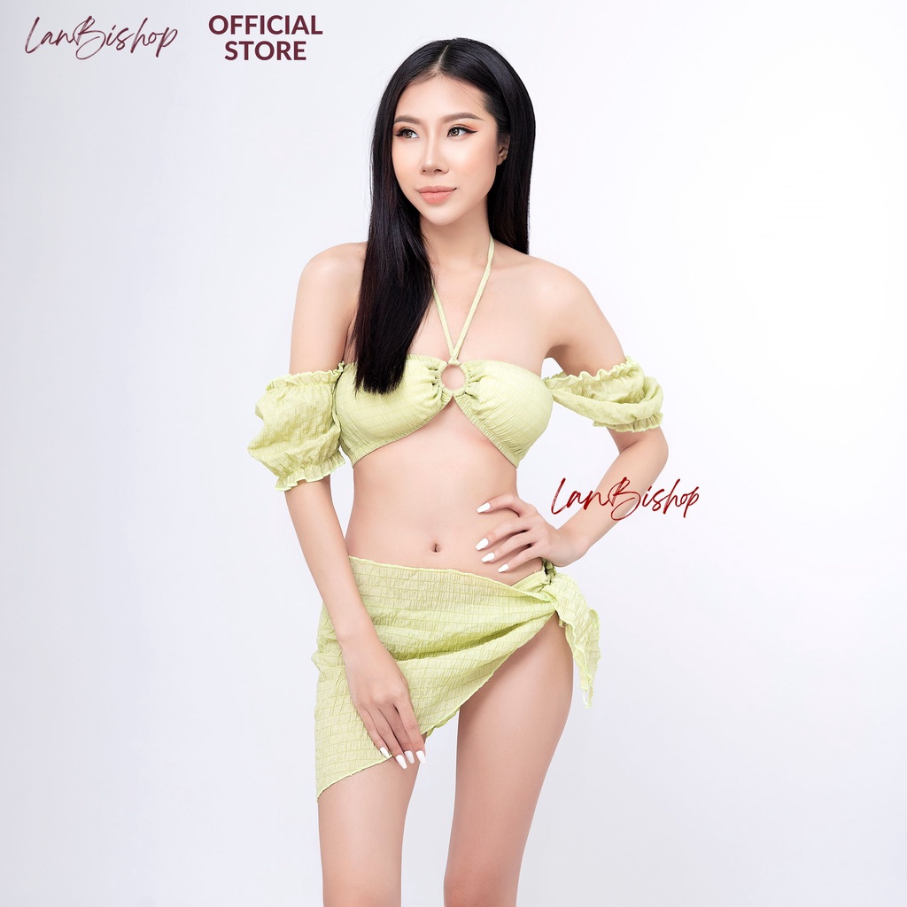 Đồ Bơi Nữ Bikini LANBISHOP Hai Mảnh Tay Bồng Trễ Vai Phối Khoen Áo Kèm Khăn Quấn Sexy lLanbi 110